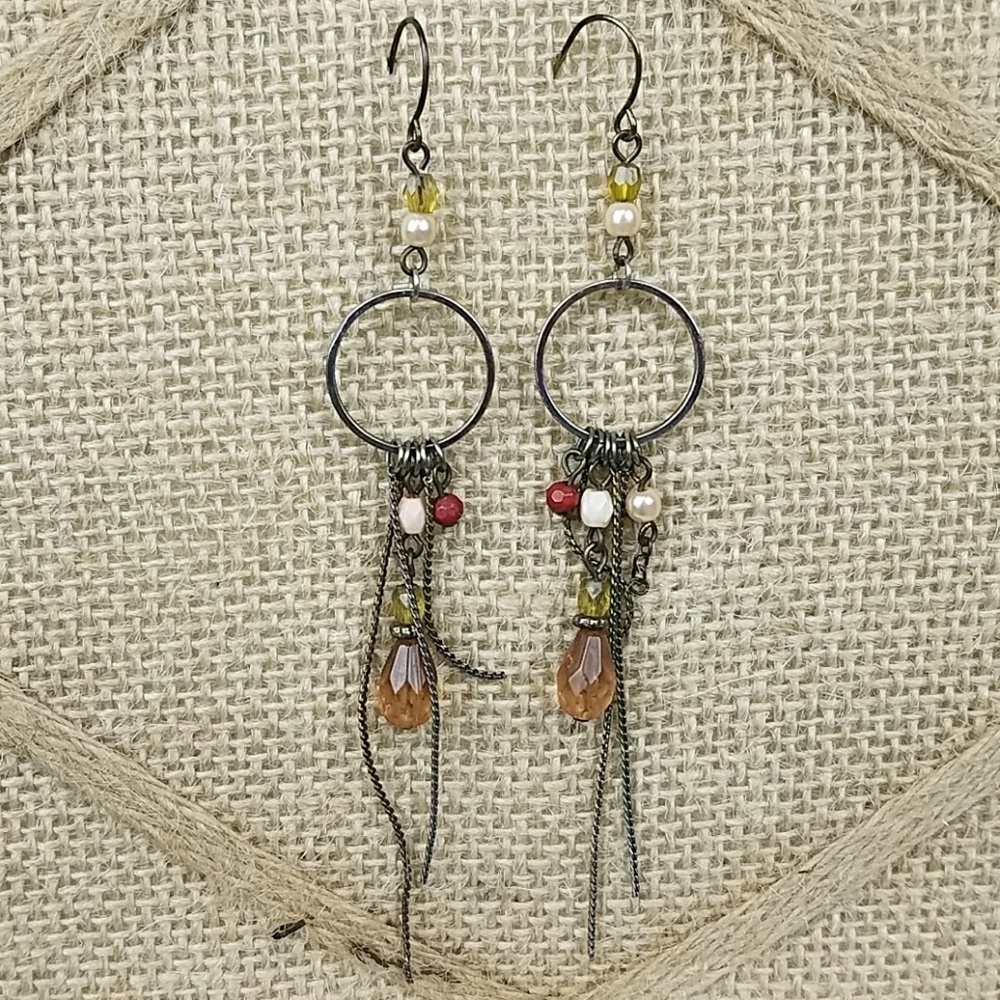 Boho Neutral Long Dangle Earrings Beaded Beads Chain Link Classic Casual Preppy